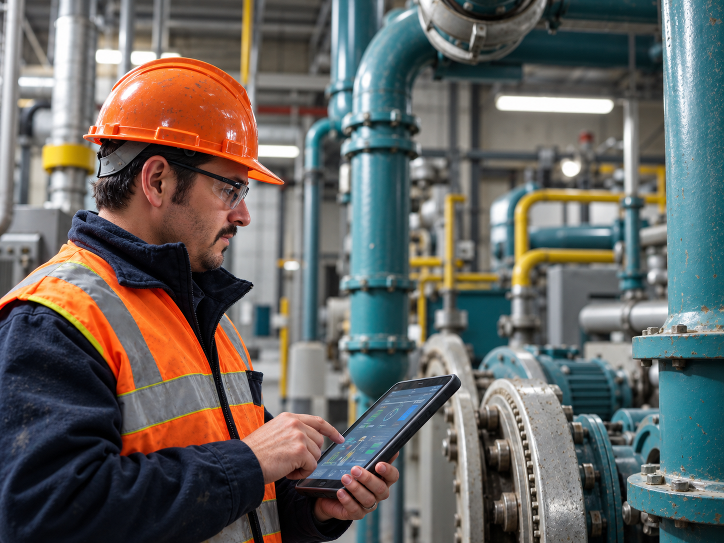 Field engineer inspecting industrial pipes